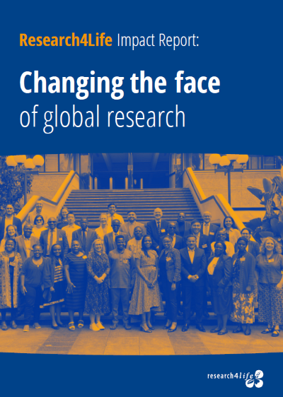 Cover of the Research4Life Impact report. The title says "Changing the face of global research". It is a blue cover with a blue tinted landscape photo of a group of the Research4Life team at their annual meeting in Nairobi Kenya, July 2024.