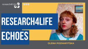 This image includes a photo of Olena Pozharytska and includes the words -Research4Life echos